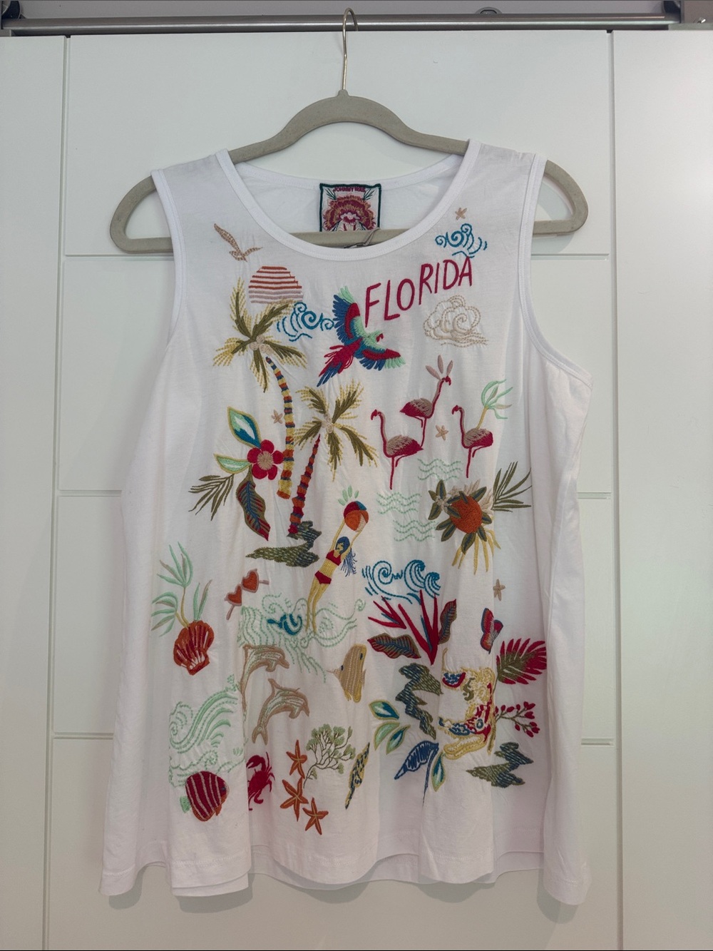Johnny Was White Tropical Florida Embroidered Tank